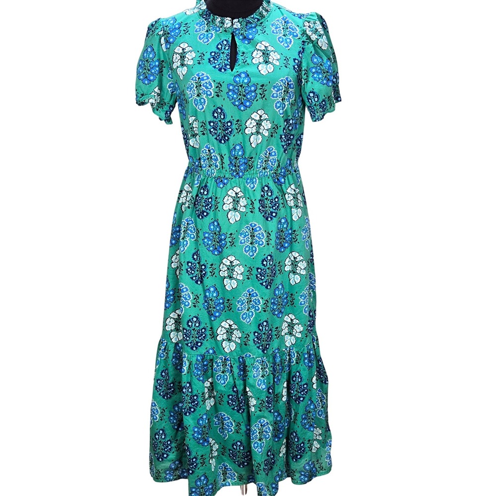 Women's J. Crew 2025 Size 4 Green Floral Print Cotton Maxi Dress‎ Boho Cottage